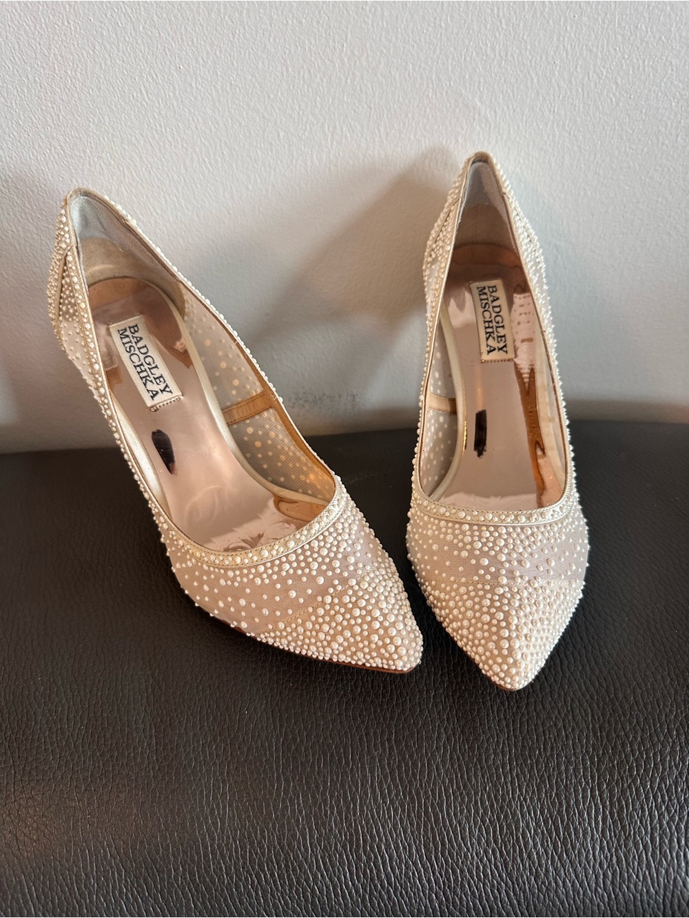 Badgley Mischka Pearl-Embellished Ivory Pointed Toe Pumps